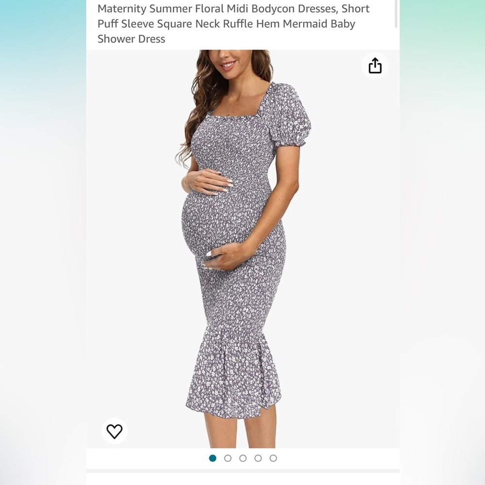 Maternity Floral Midi Bodycon Dress, Short Puff Sleeve Square Neck Ruffle Hem
